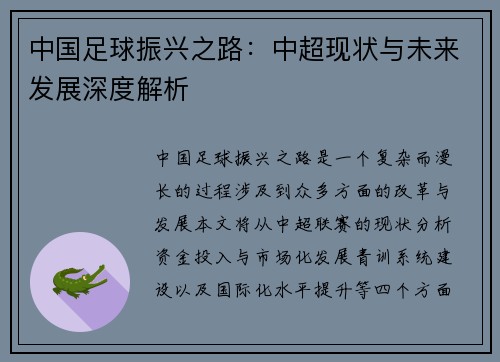 中国足球振兴之路:中超现状与未来发展深度解析 中国足球振兴之路:中超现状与未来发展深度解析