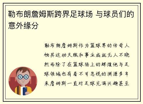 勒布朗詹姆斯跨界足球场 与球员们的意外缘分 勒布朗詹姆斯跨界足球场 与球员们的意外缘分