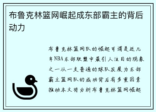 布鲁克林篮网崛起成东部霸主的背后动力 布鲁克林篮网崛起成东部霸主的背后动力