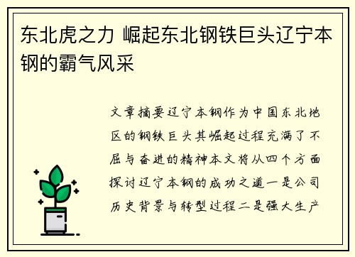 东北虎之力 崛起东北钢铁巨头辽宁本钢的霸气风采 东北虎之力 崛起东北钢铁巨头辽宁本钢的霸气风采